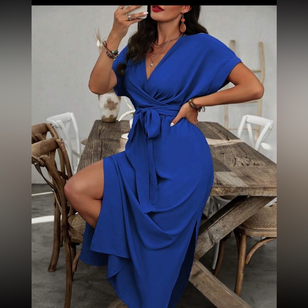 Plus size cross wrap belt dress
